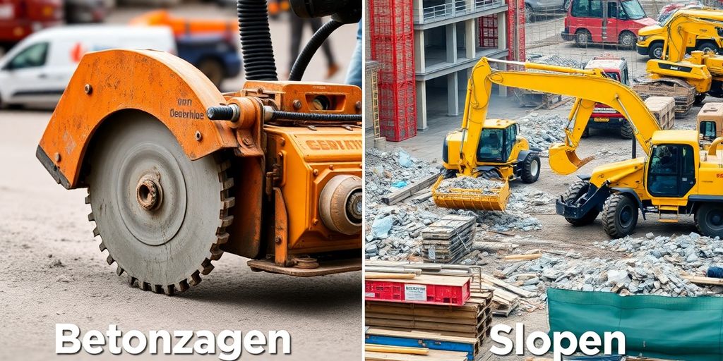 Betonzagen en slopen op een bouwplaats.