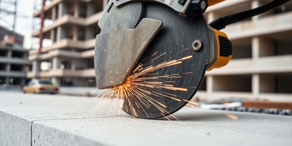 Betonzagen in actie op een bouwplaats.