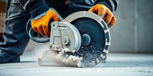 Werknemer zaagt beton met een betonzager.