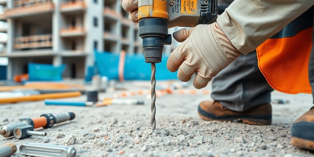 Betonboring op een bouwplaats met gereedschap en materialen.